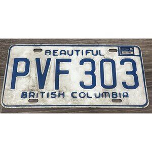 Vintage 1974 British Columbia License Plate Tag PVF-303 Blue w/ White CANADA